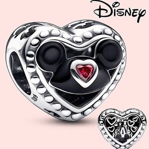 Disney Mickey Mouse Sterling Silver Heart Charm Bracelet Gift S925 Black Enamel